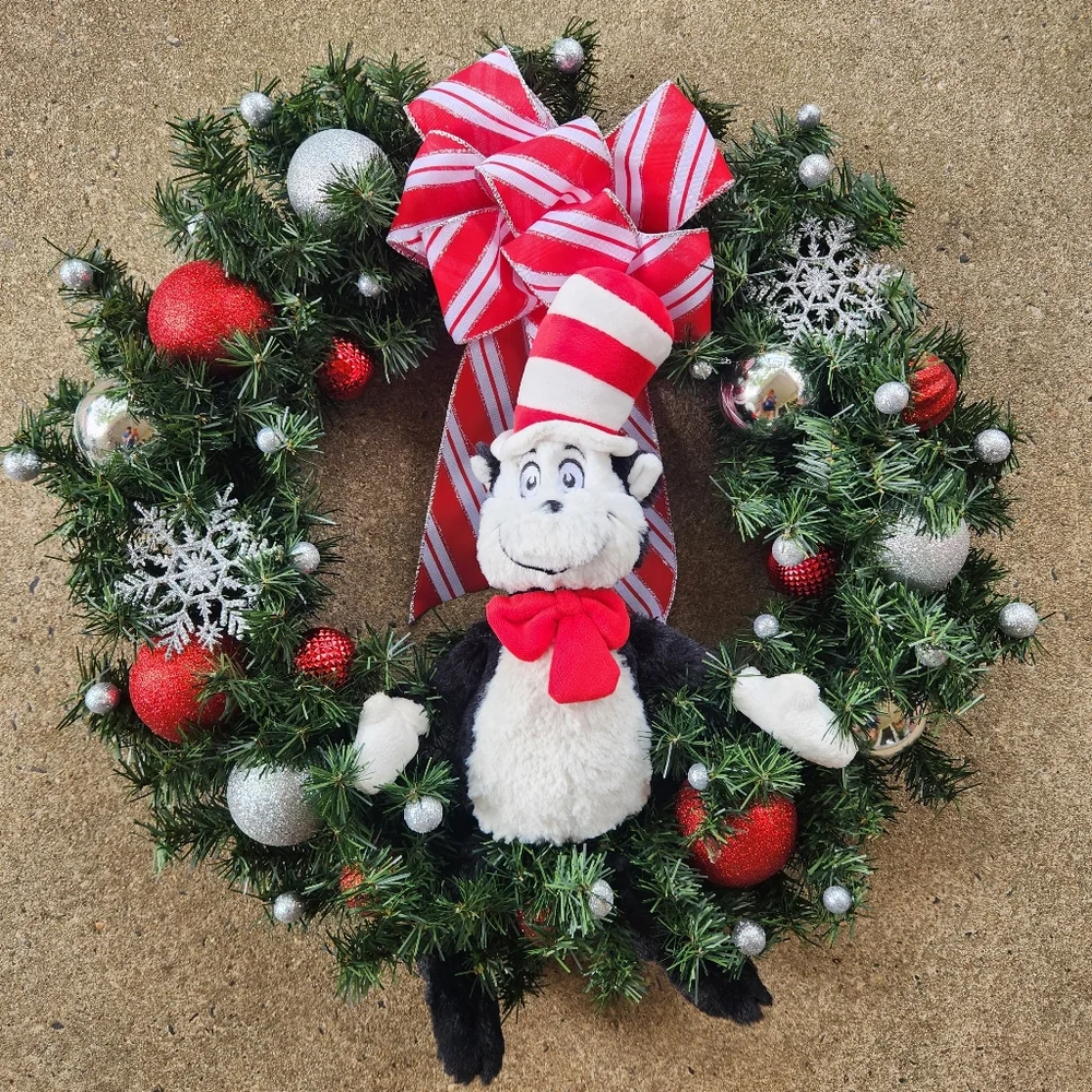 Cat in the Hat Red White Striped Christmas Wreath